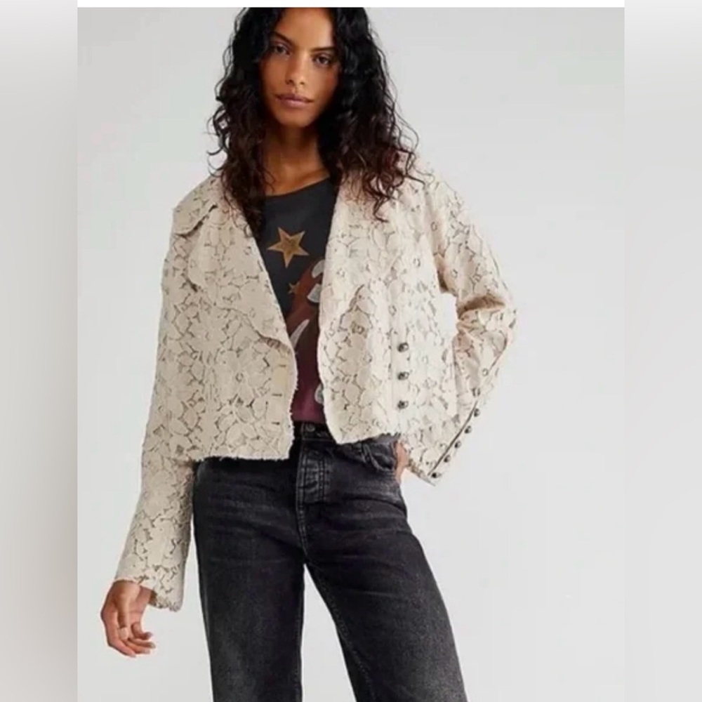 Free People Amelia Lace Cropped Bed Jacket Almond Milk Taupe Size S